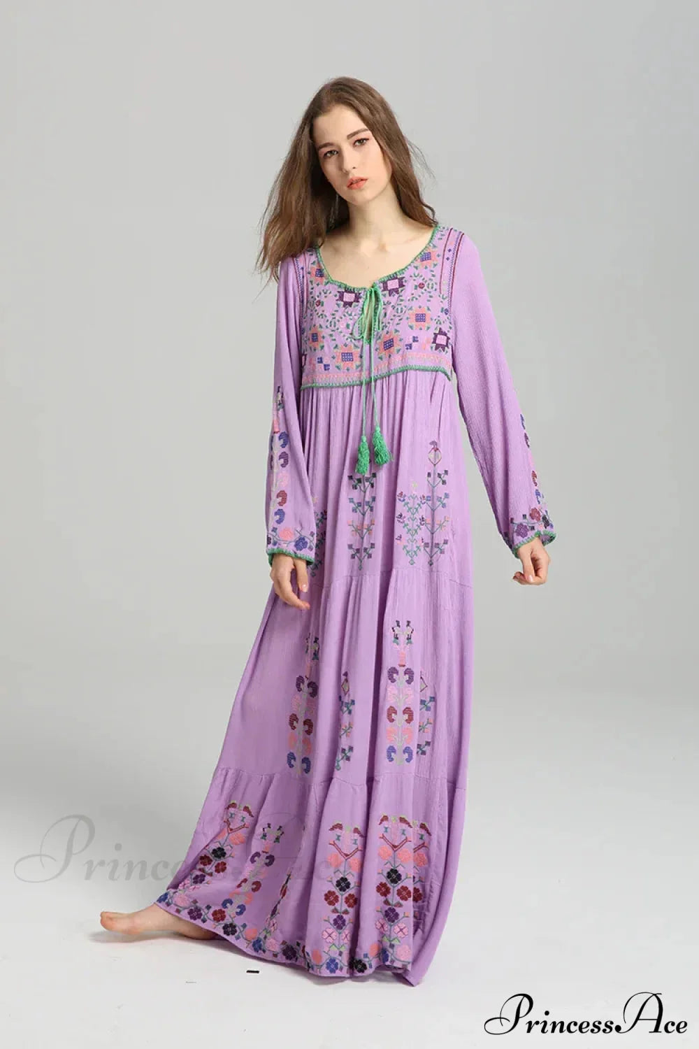 Embroidery Floral Long-sleeved Gypsy Maxi Boho Dress