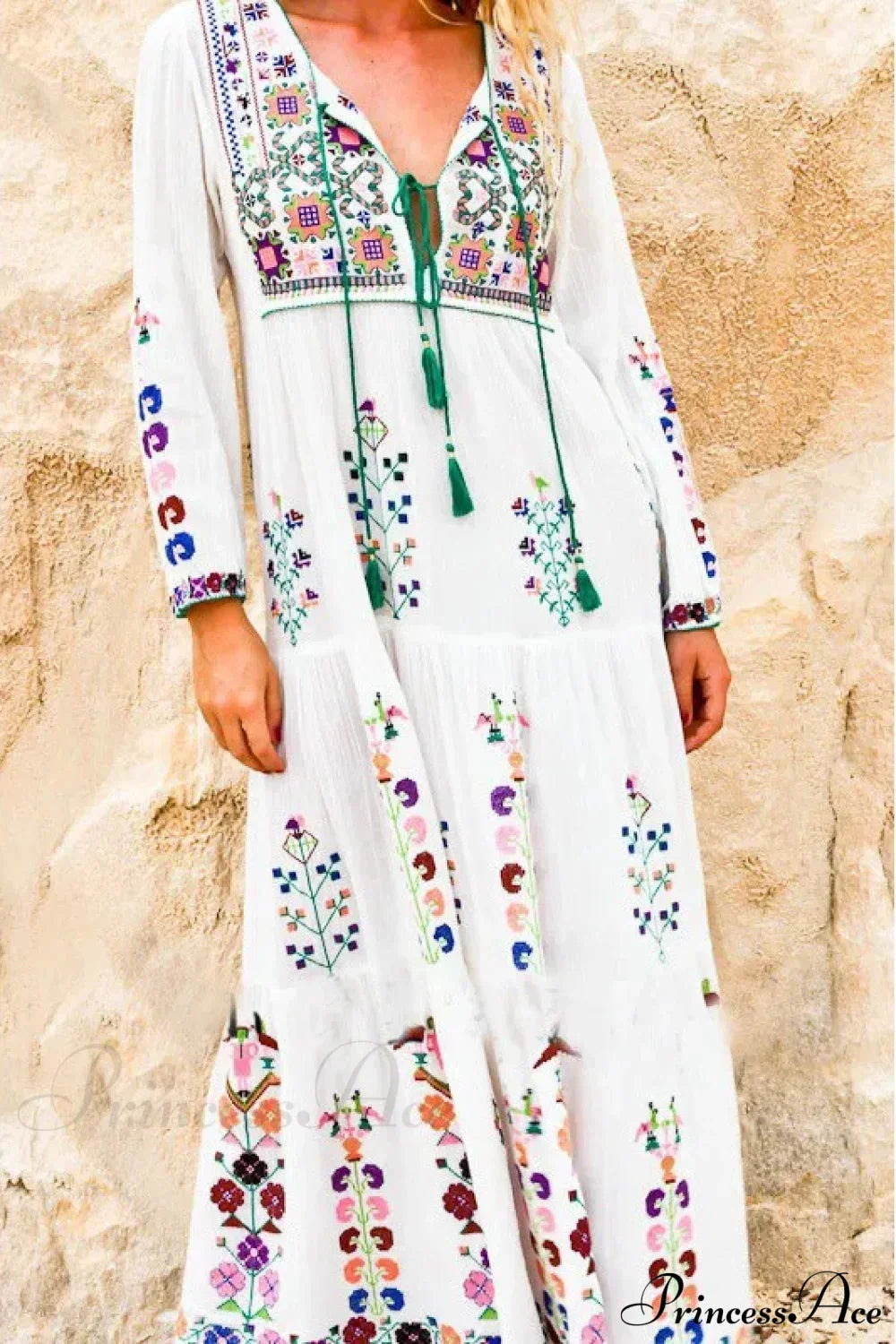 Embroidery Floral Long-sleeved Gypsy Maxi Boho Dress