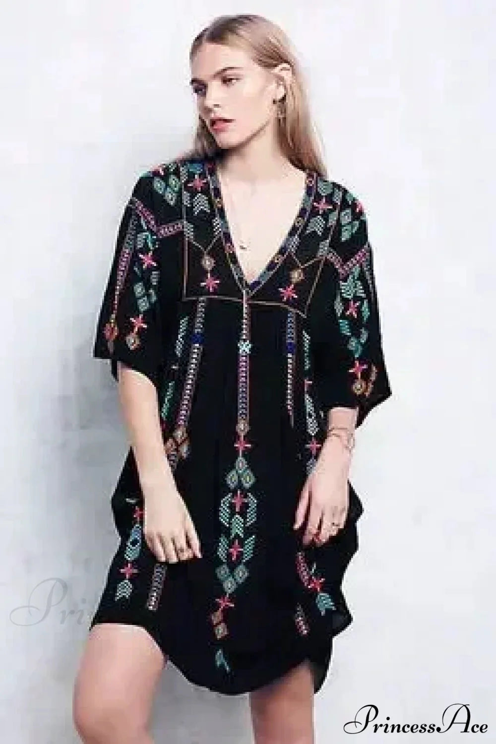 Embroidery Loose V-neck Black Elegant Boho Dress