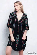 Embroidery Loose V-neck Black Elegant Boho Dress