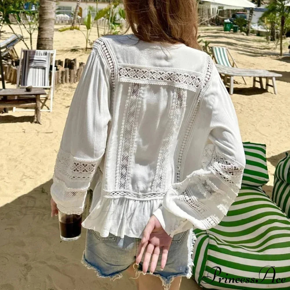 Empty Lace Ethnic Extended Sleeve Frills Boho Blouse