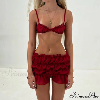 Enchanting 2 Piece Skirts Ensembles Frills Spaghetti Strap Cami Crop Tops + Ruched Mini Pencil Skirt Women Y2K Vintage Streetwear