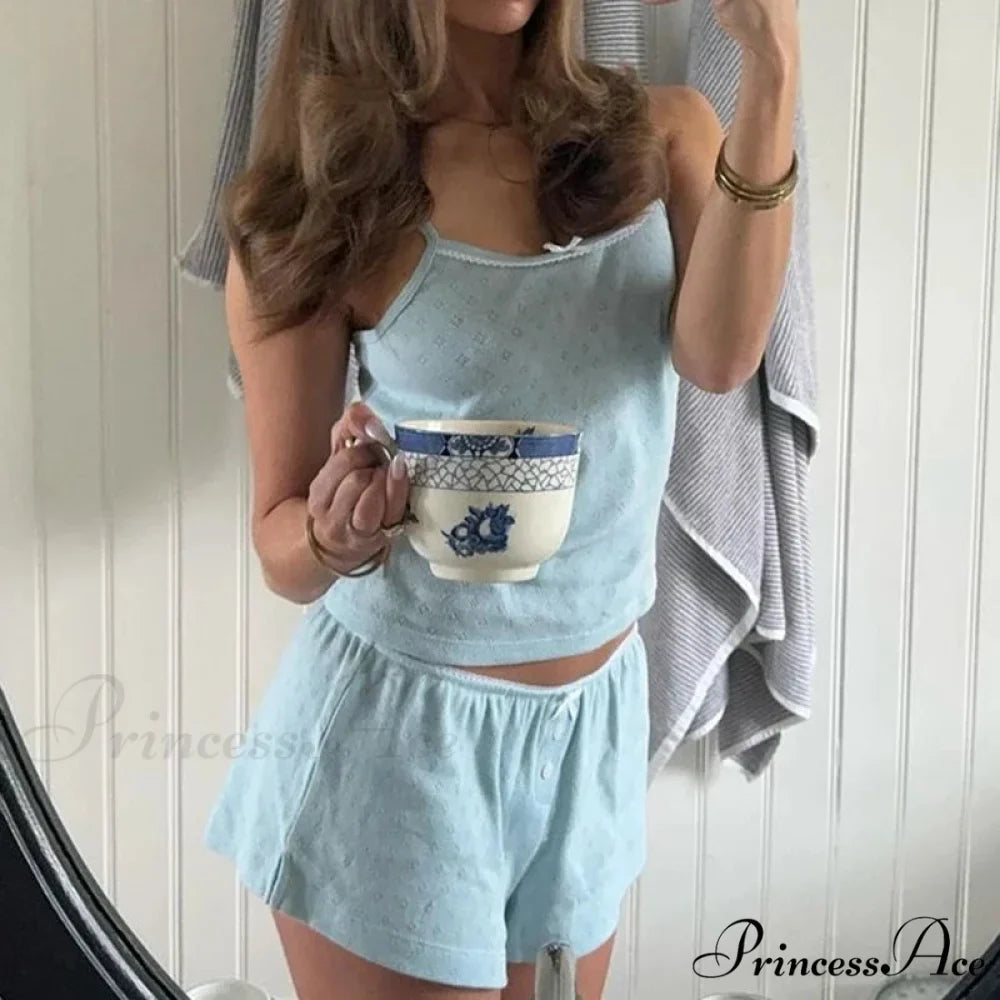 Enchanting Comfy 2 Piece Pajama Set 00s Vintage Cute Bow Sleeveless Camis Crop Tops + Shorts Y2K Women Sleepwear Loungewear