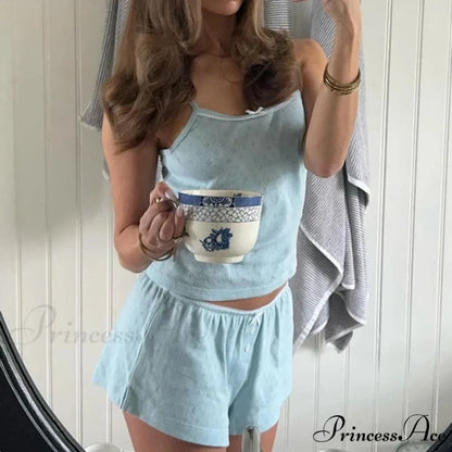 Enchanting Comfy 2 Piece Pajama Set 00s Vintage Cute Bow Sleeveless Camis Crop Tops + Shorts Y2K Women Sleepwear Loungewear