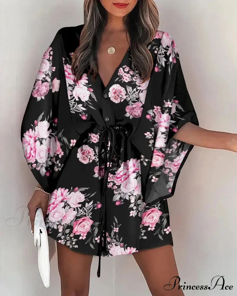 European Stylish Print V-neck Holiday Dress