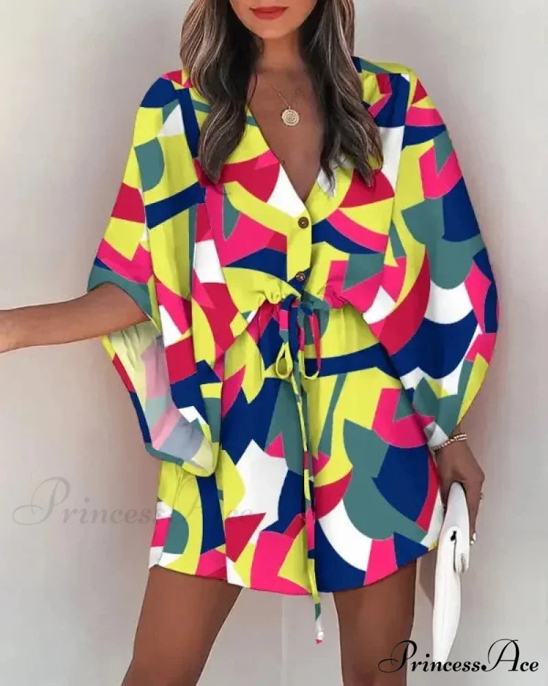 European Stylish Print V-neck Holiday Dress