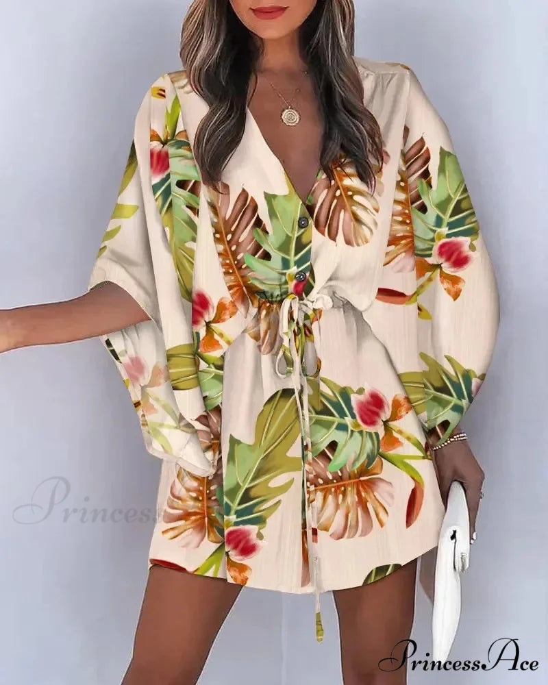 European Stylish Print V-neck Holiday Dress