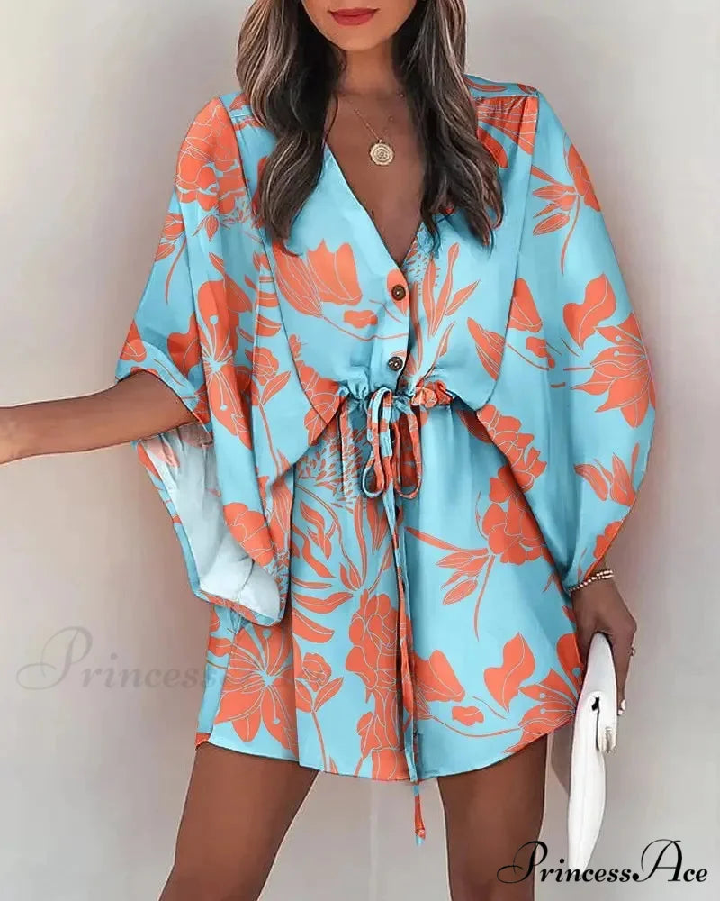 European Stylish Print V-neck Holiday Dress