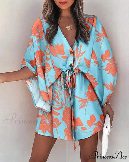 European Stylish Print V-neck Holiday Dress