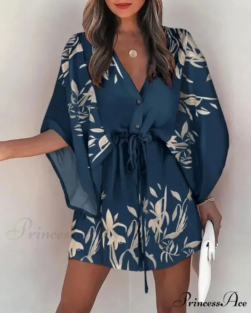 European Stylish Print V-neck Holiday Dress