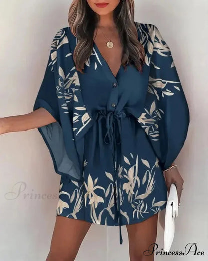European Stylish Print V-neck Holiday Dress
