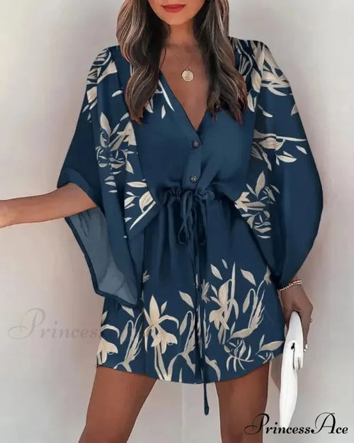 European Stylish Print V-neck Holiday Dress