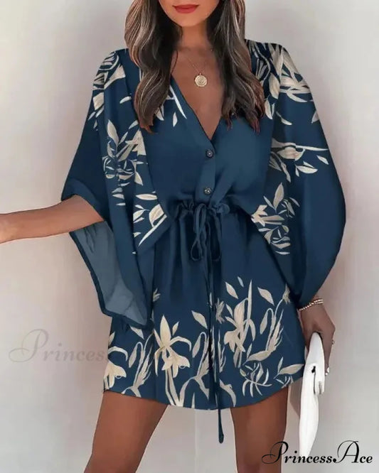 European Stylish Print V-neck Holiday Dress