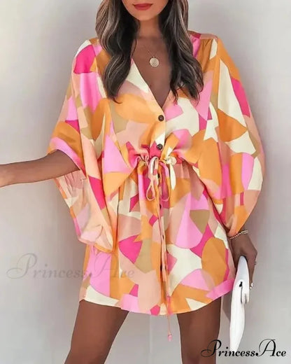 European Stylish Print V-neck Holiday Dress