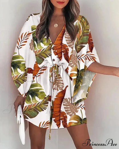 European Stylish Print V-neck Holiday Dress