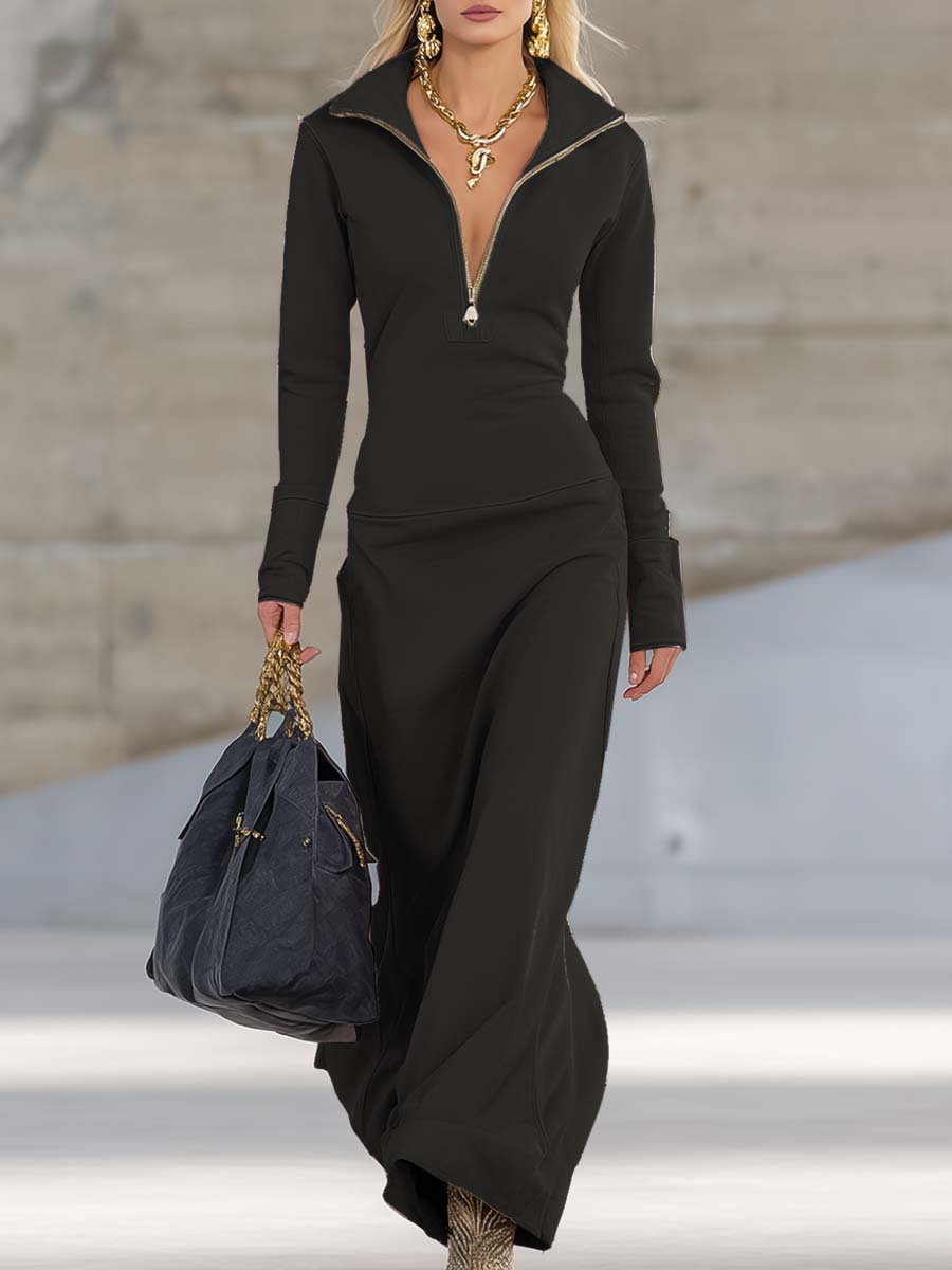 Half Zip Stand Collar Long Sleeve Bodycon Maxi Dress