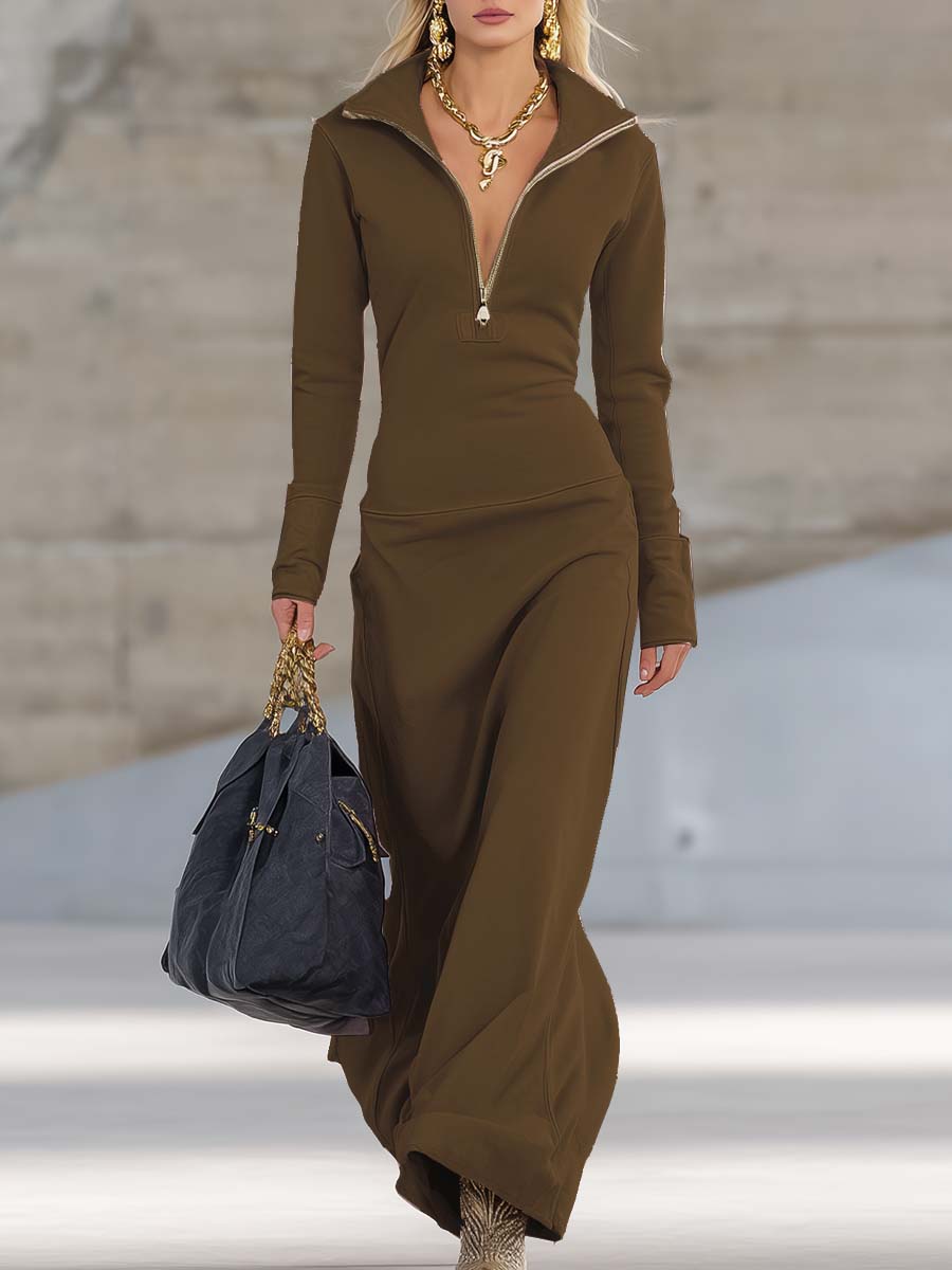 Half Zip Stand Collar Long Sleeve Bodycon Maxi Dress