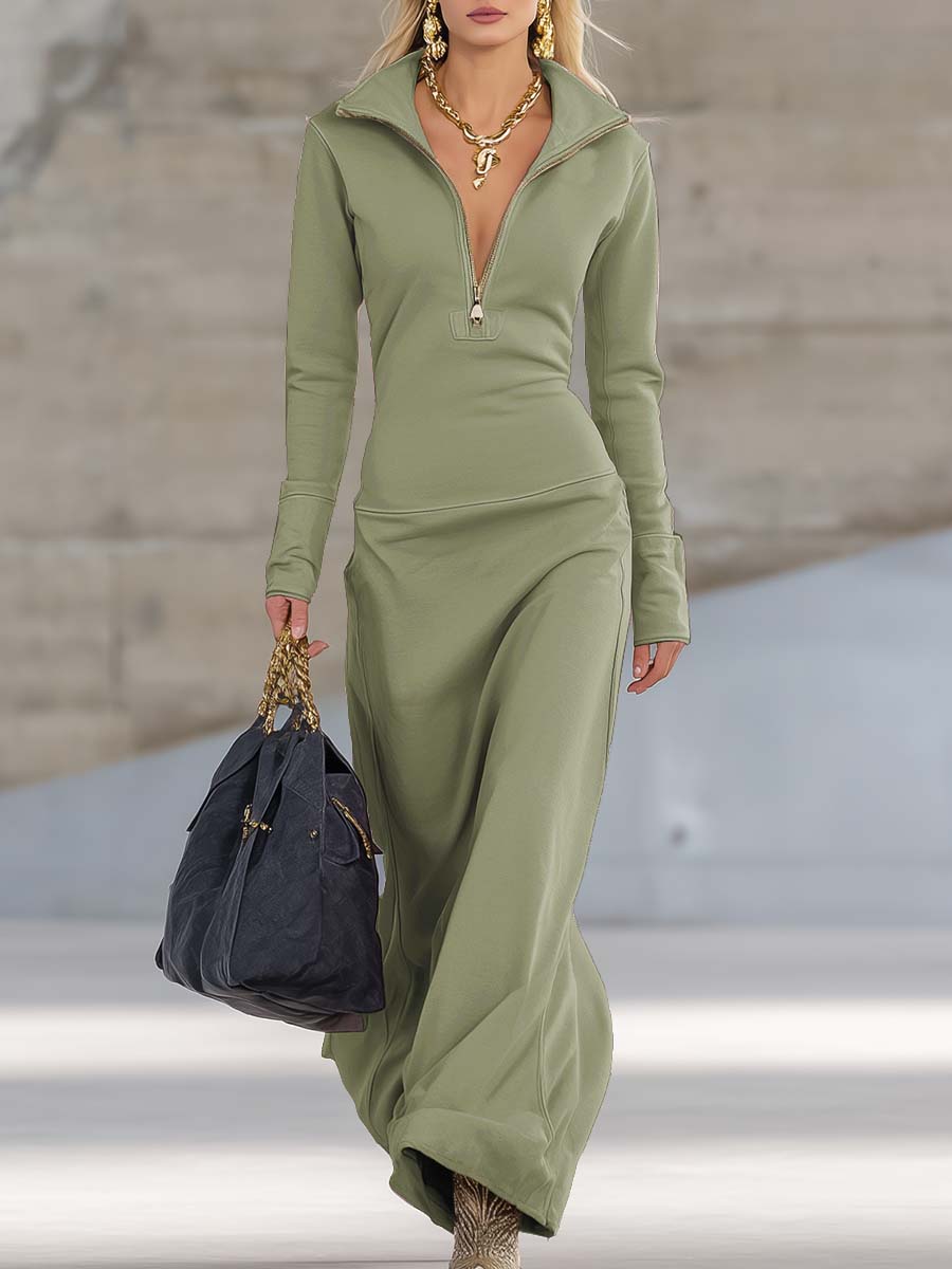 Half Zip Stand Collar Long Sleeve Bodycon Maxi Dress