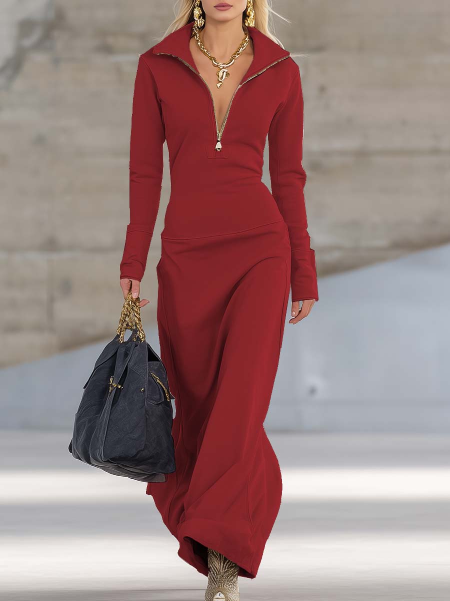 Half Zip Stand Collar Long Sleeve Bodycon Maxi Dress