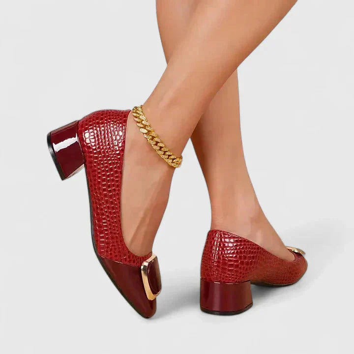 Croc Embossed Gold Buckle Block Heel Loafer