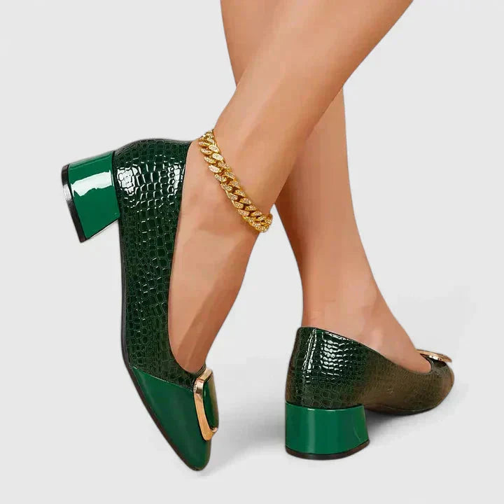 Croc Embossed Gold Buckle Block Heel Loafer