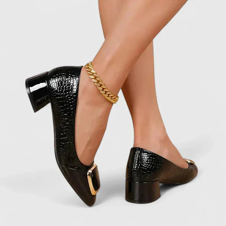 Croc Embossed Gold Buckle Block Heel Loafer