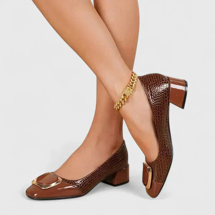 Croc Embossed Gold Buckle Block Heel Loafer