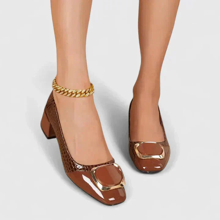 Croc Embossed Gold Buckle Block Heel Loafer