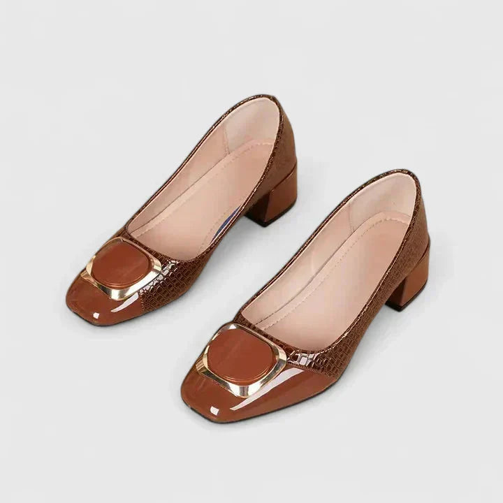 Croc Embossed Gold Buckle Block Heel Loafer