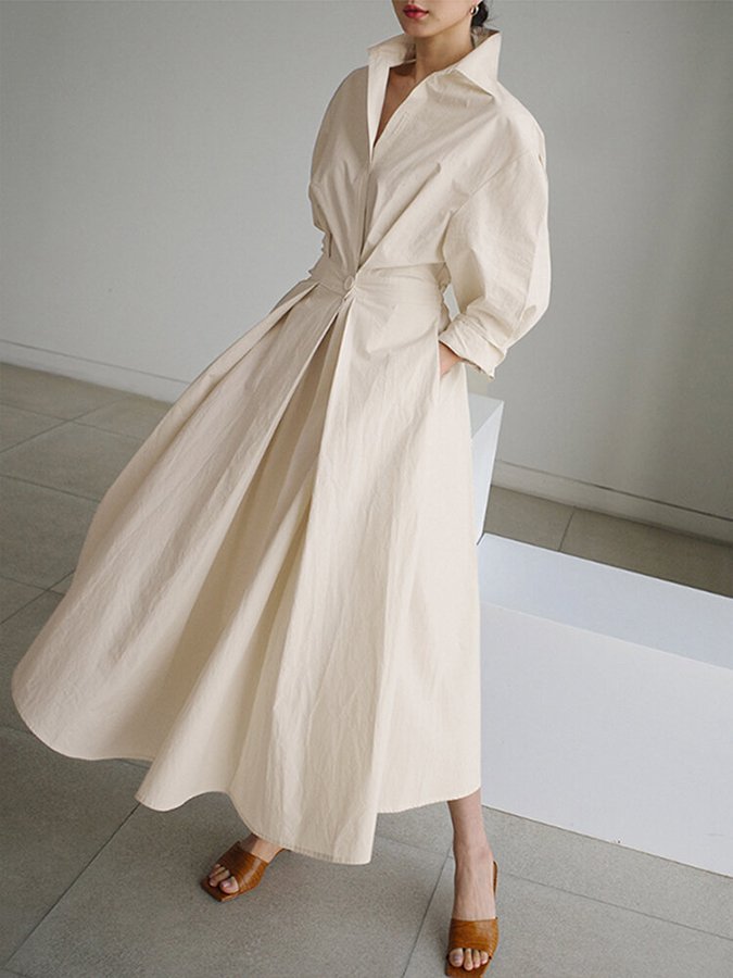 Puff Sleeve Twist Waist Cotton Shirt Maxi Dress