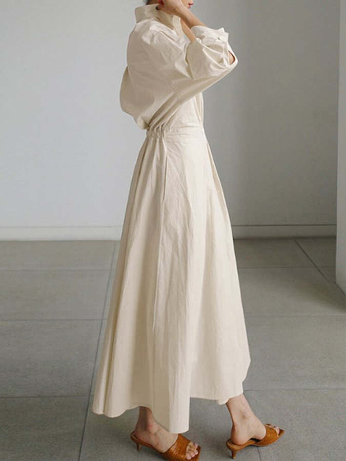 Puff Sleeve Twist Waist Cotton Shirt Maxi Dress