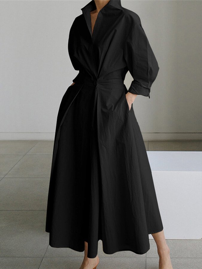 Puff Sleeve Twist Waist Cotton Shirt Maxi Dress