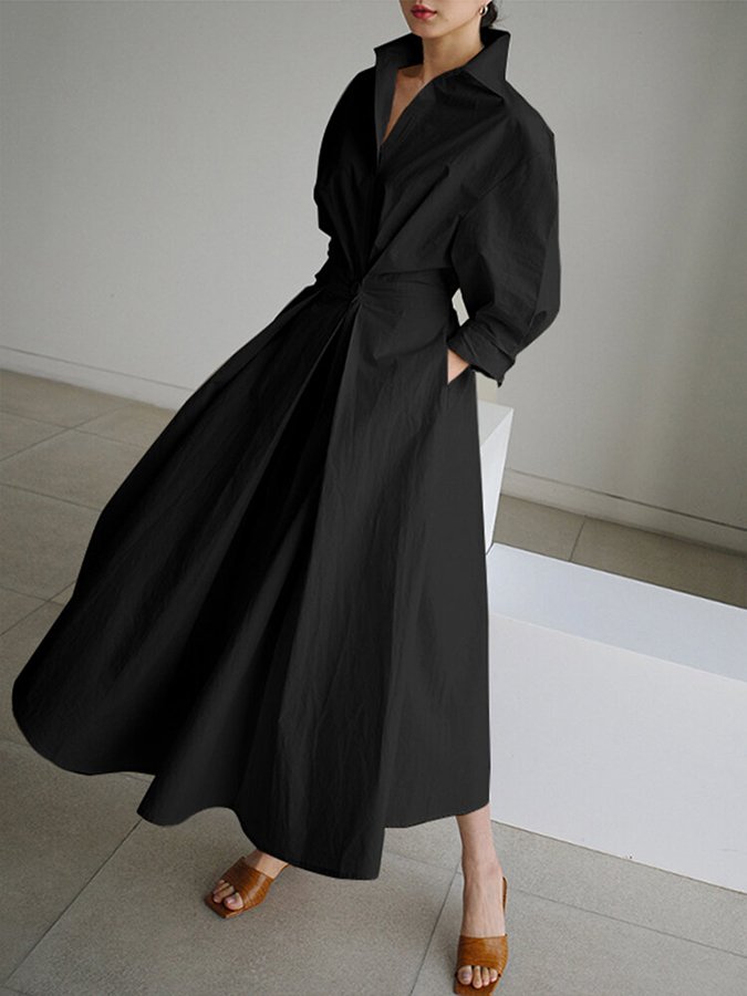 Puff Sleeve Twist Waist Cotton Shirt Maxi Dress