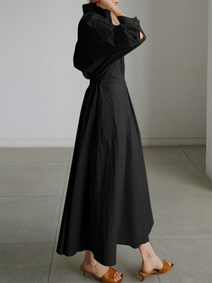 Puff Sleeve Twist Waist Cotton Shirt Maxi Dress
