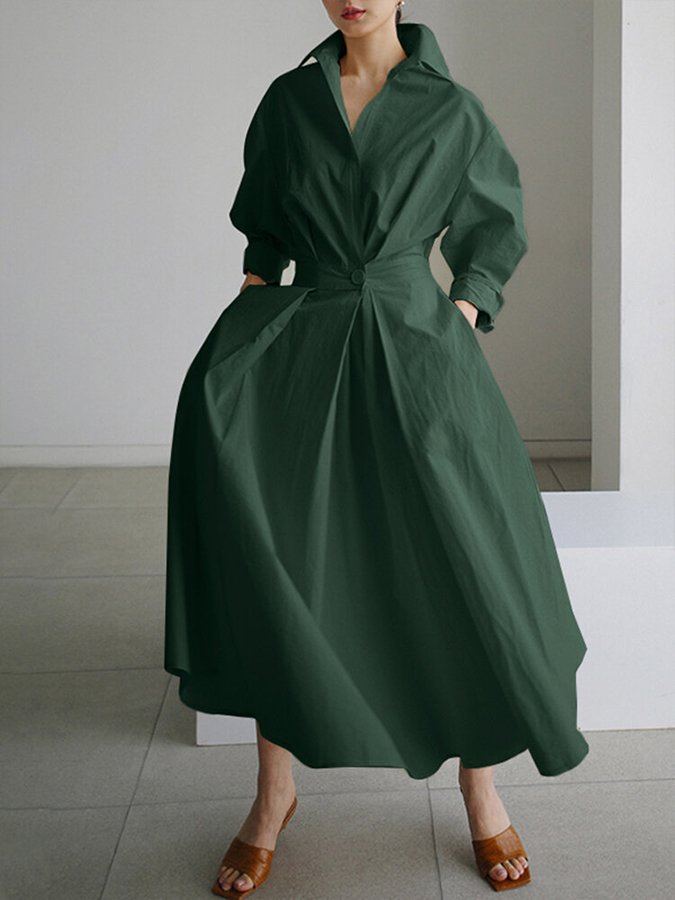 Puff Sleeve Twist Waist Cotton Shirt Maxi Dress
