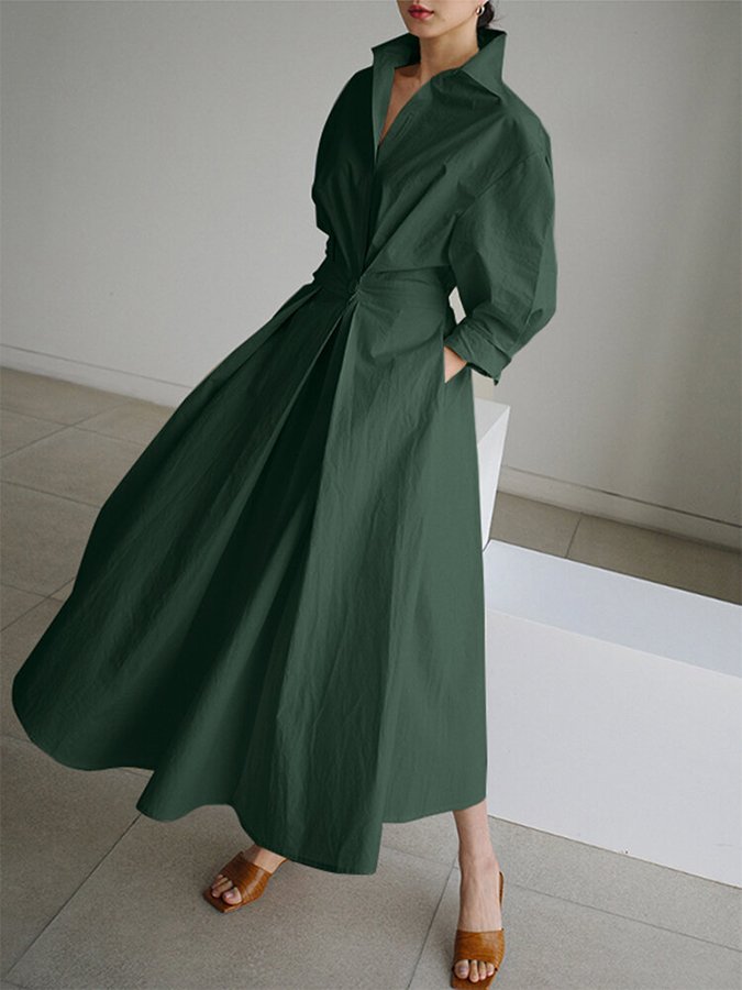 Puff Sleeve Twist Waist Cotton Shirt Maxi Dress