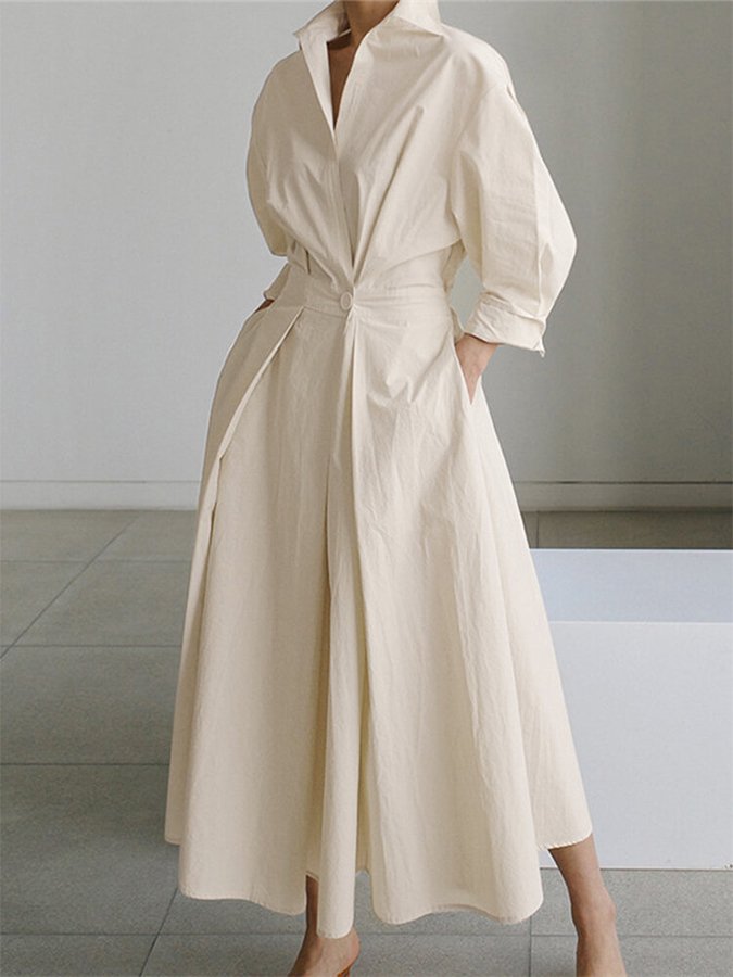 Puff Sleeve Twist Waist Cotton Shirt Maxi Dress