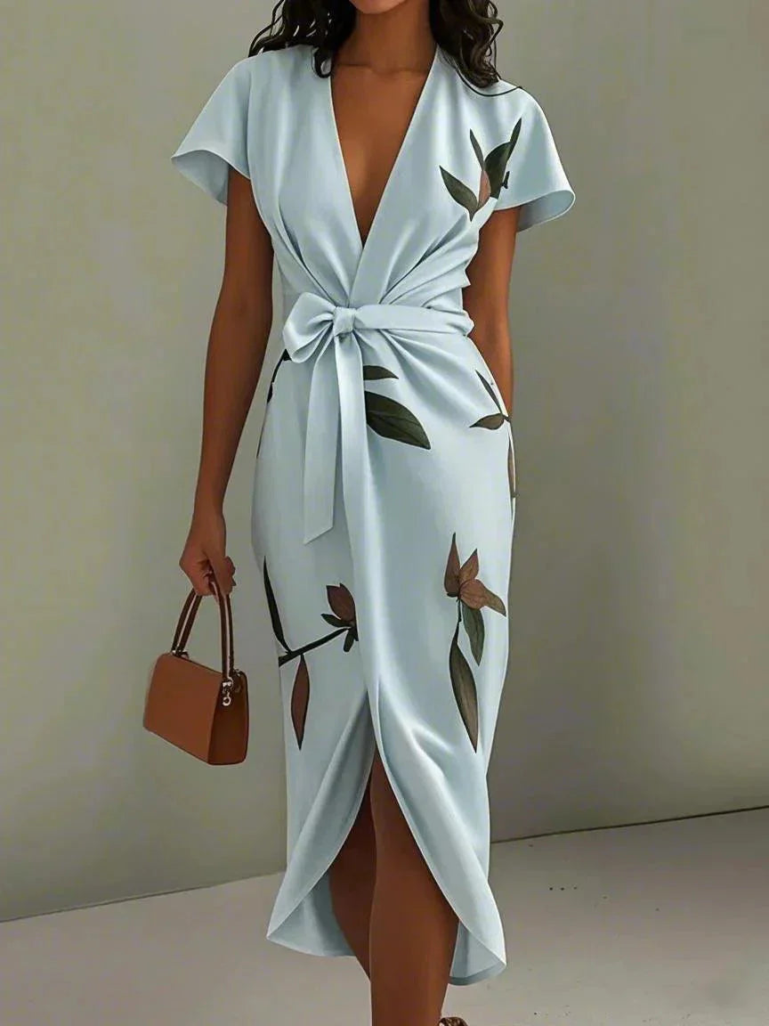 Botanical Print Bow Tie Wrap Midi Dress