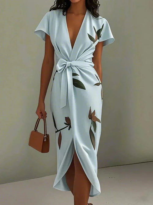 Botanical Print Bow Tie Wrap Midi Dress