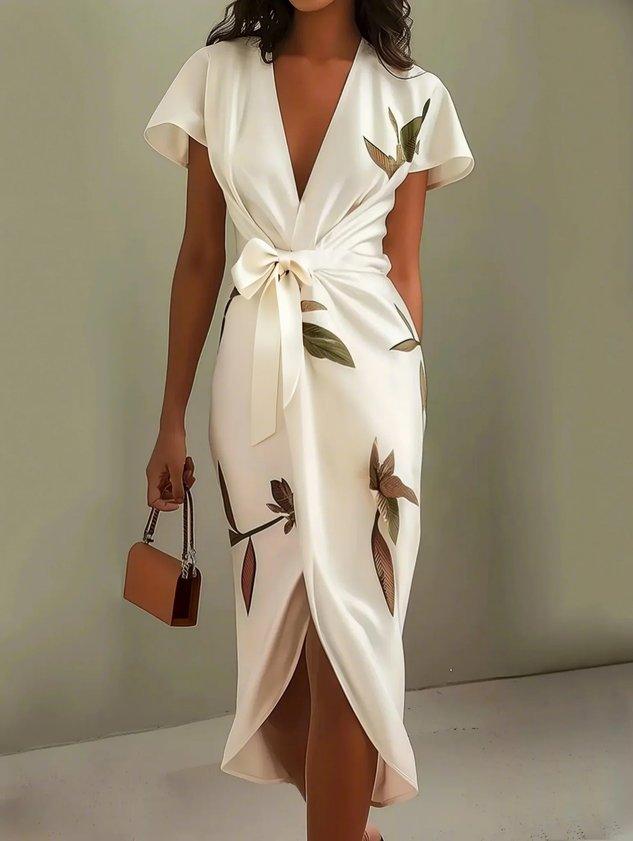 Botanical Print Bow Tie Wrap Midi Dress
