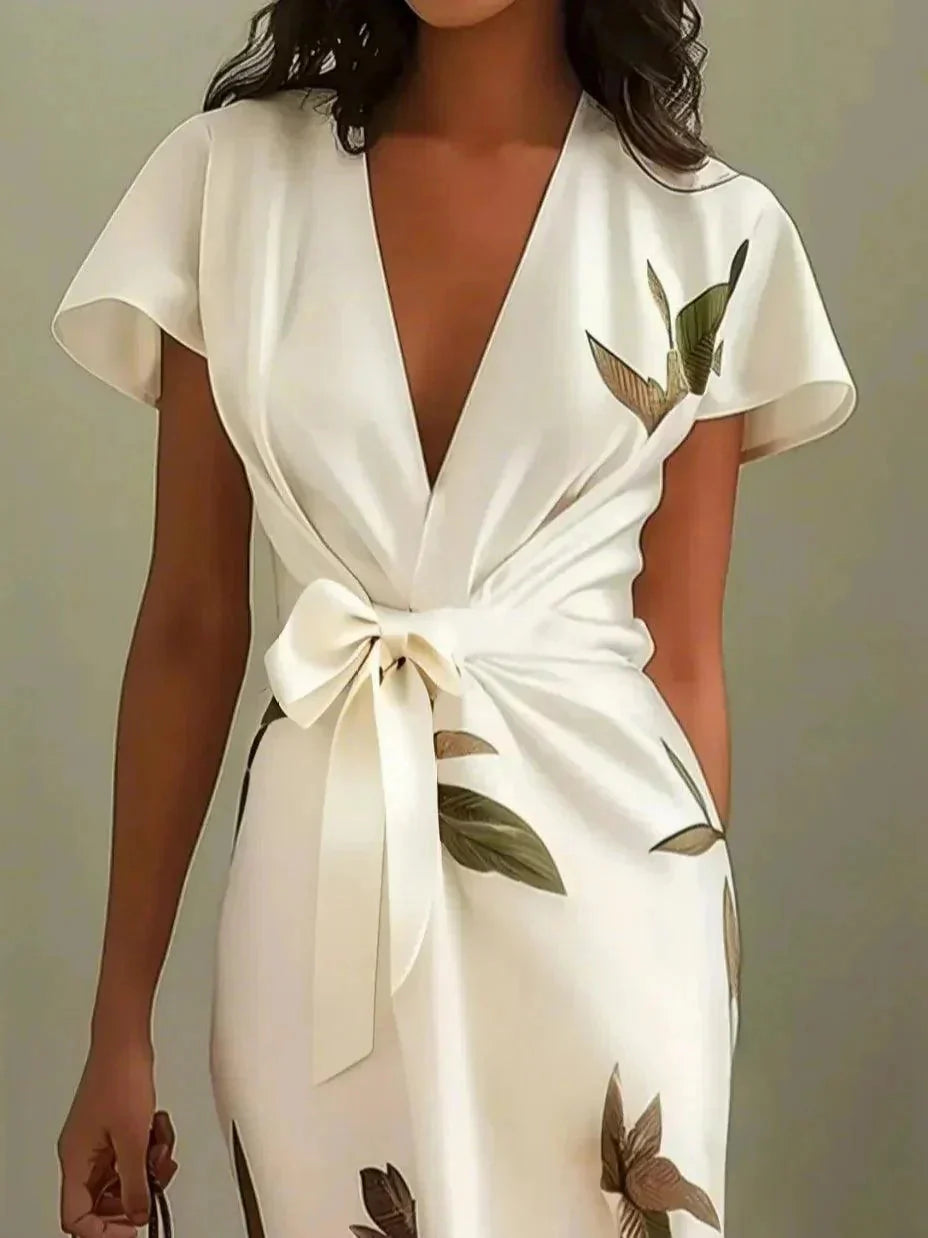 Botanical Print Bow Tie Wrap Midi Dress