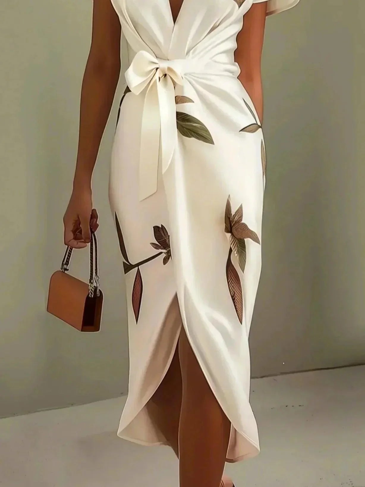 Botanical Print Bow Tie Wrap Midi Dress