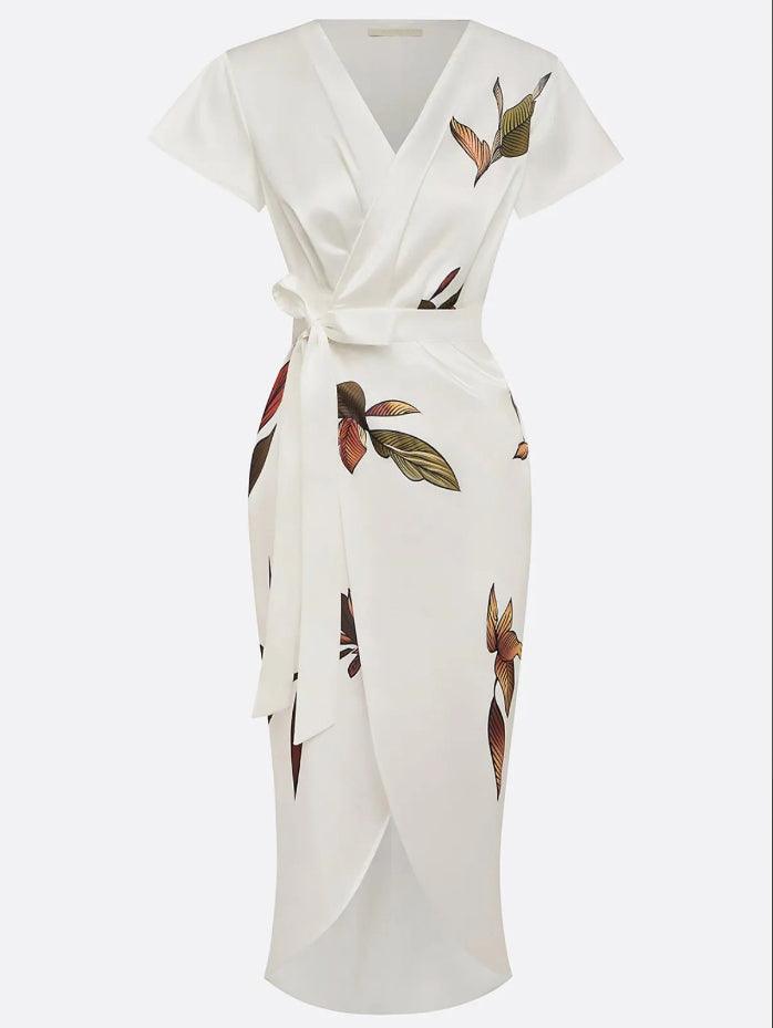 Botanical Print Bow Tie Wrap Midi Dress