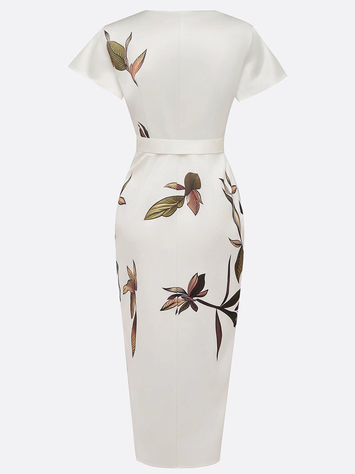 Botanical Print Bow Tie Wrap Midi Dress