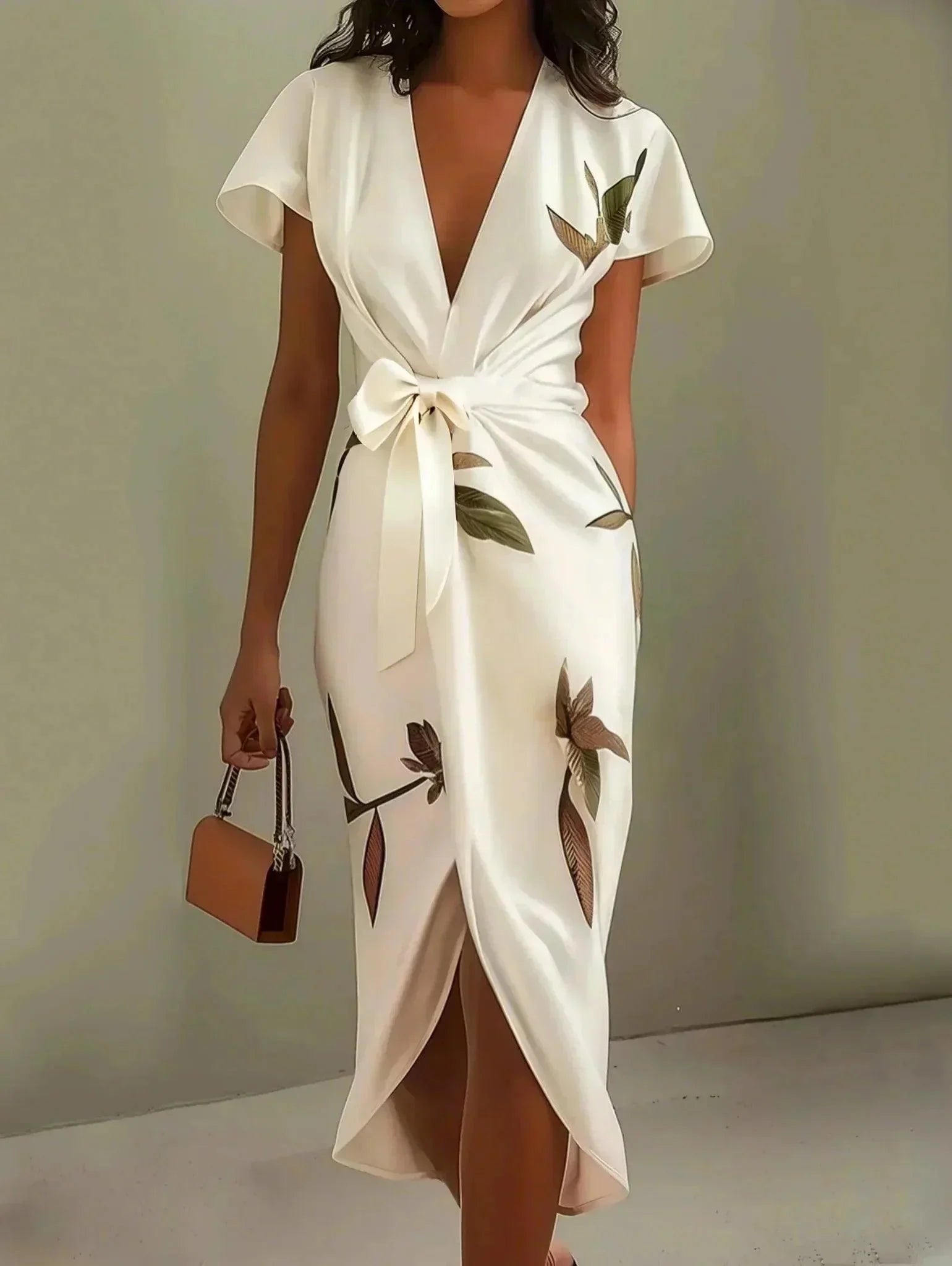 Botanical Print Bow Tie Wrap Midi Dress