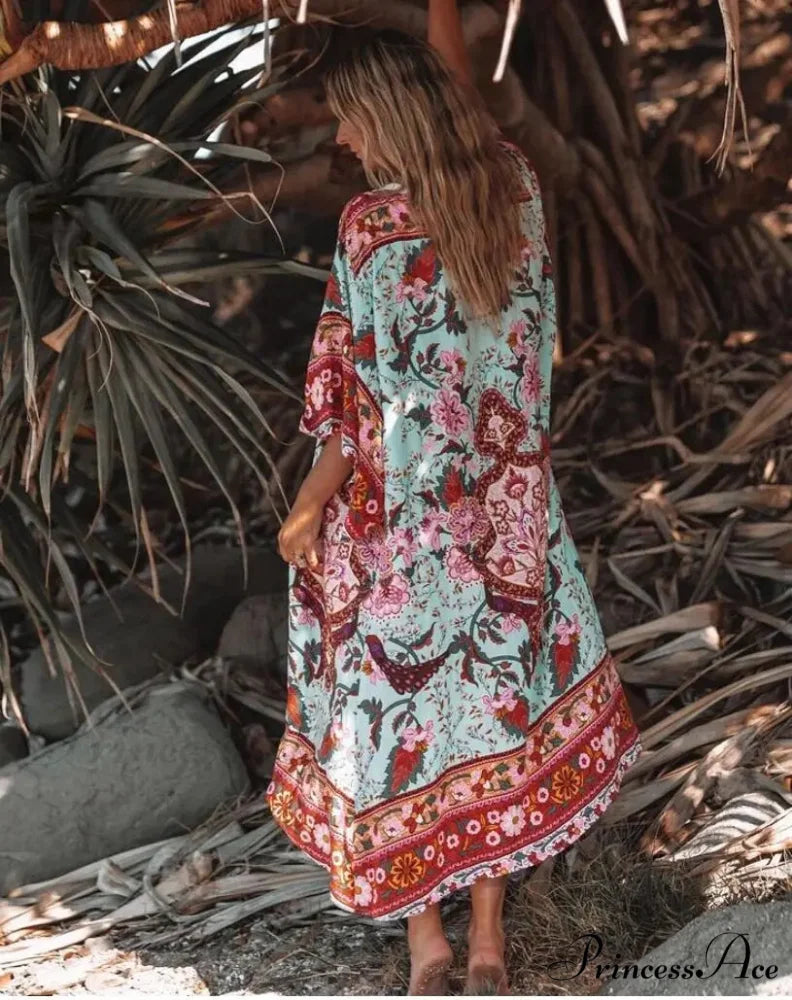 Extended Bohemian Kaftan Rayon Flower Pattern Swimsuit Cover Up