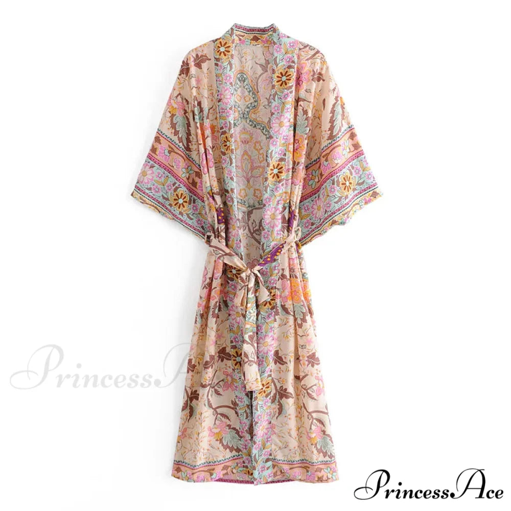 Extended Bohemian Kaftan Rayon Flower Pattern Swimsuit Cover Up