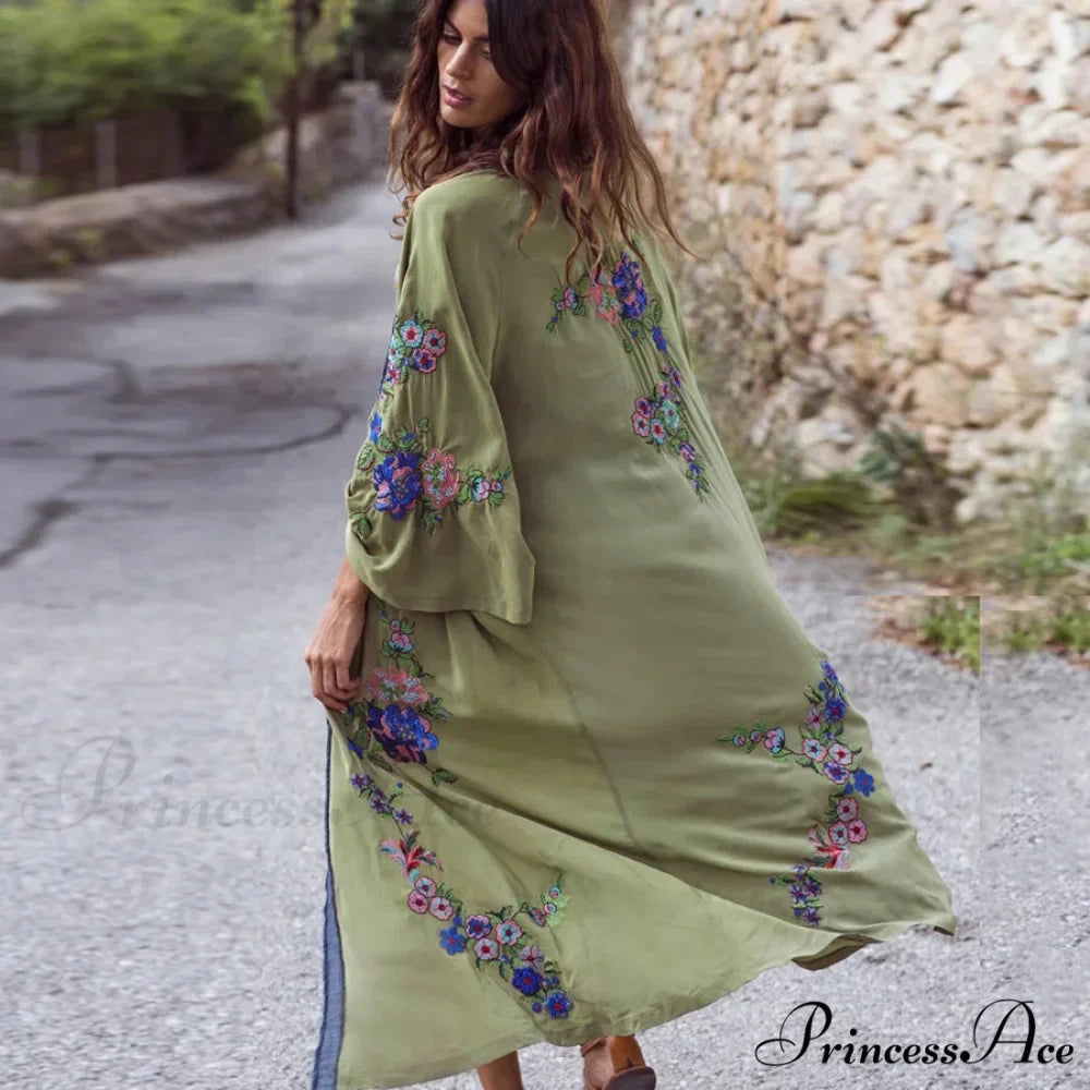 Extended Flower Stitch Beach Cover-Up Bohemian Cardigan