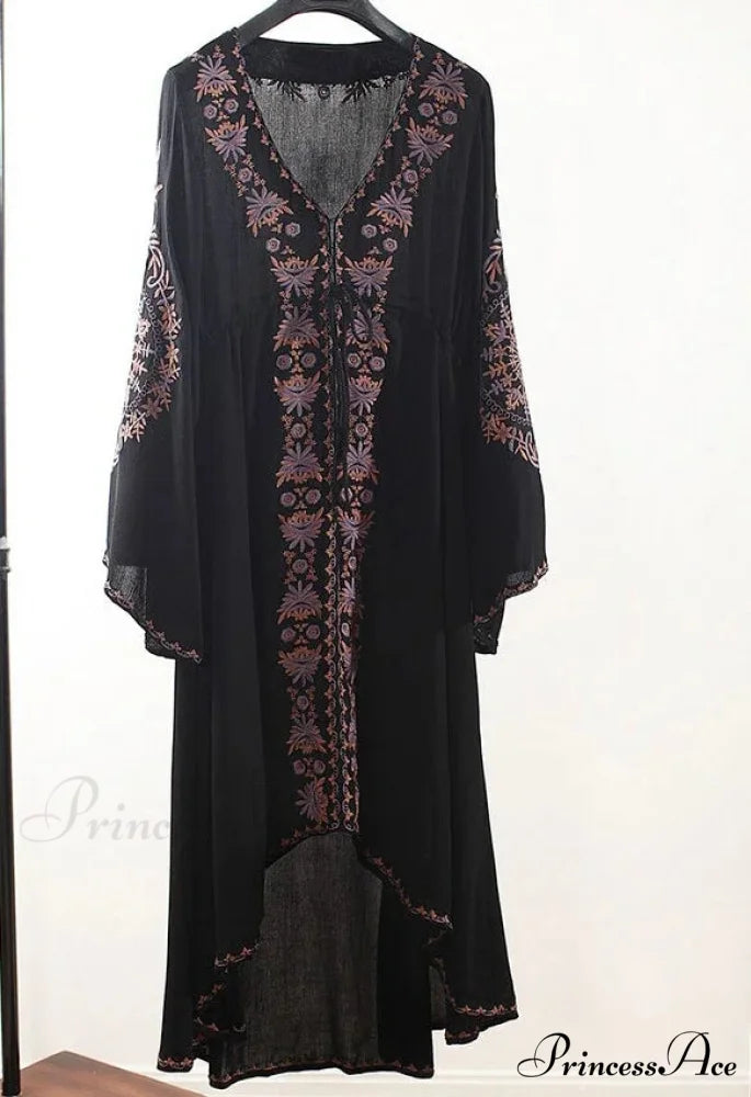 Extended Sleeve Flower Stitched Cotton Bohemian Dress