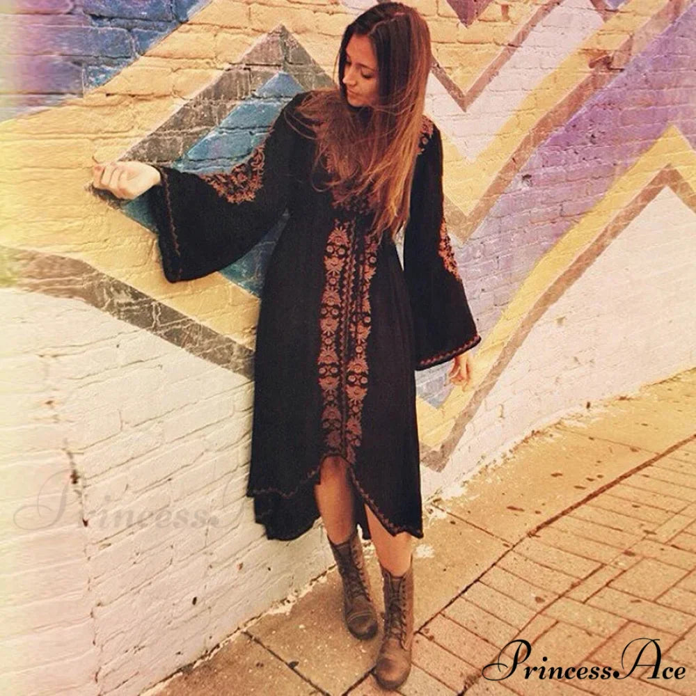 Extended Sleeve Flower Stitched Cotton Bohemian Dress